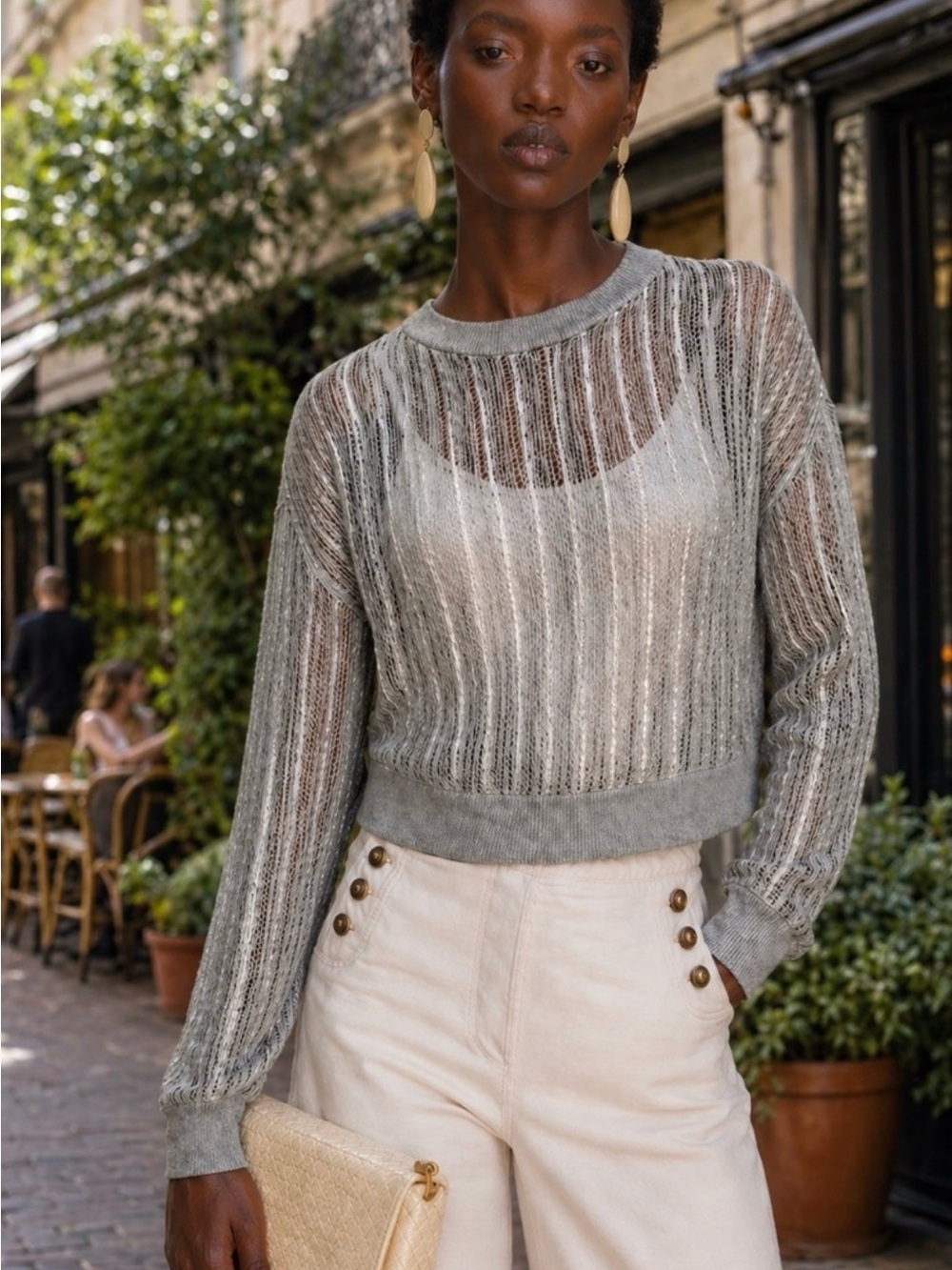 AllSaints Silver Sheer Knit Crewneck Sweater